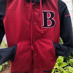 Maroon navy blue B varsity jacket